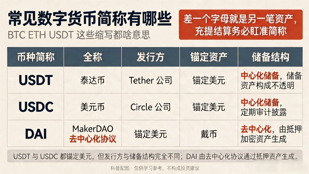 常见数字货币简称有哪些 BTC ETH USDT这些缩写都啥意思
